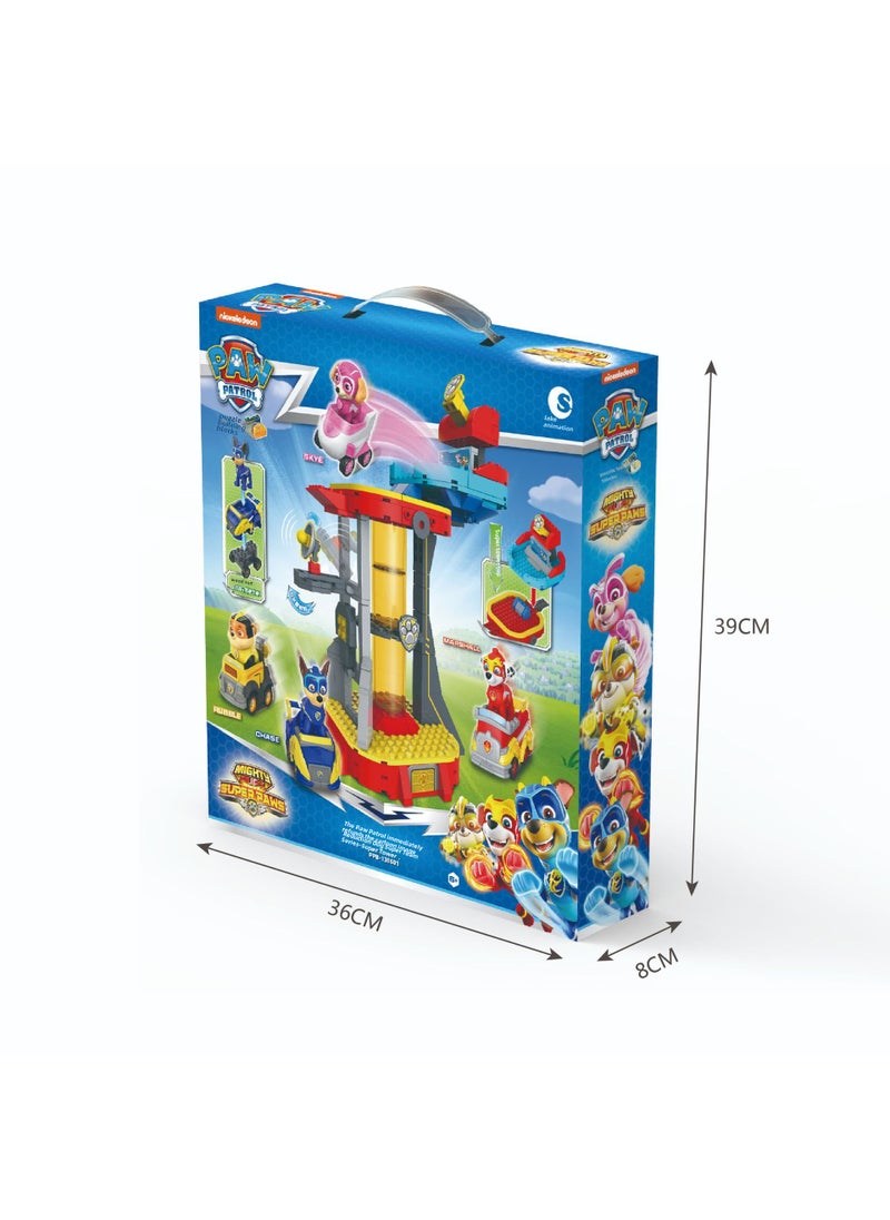 Paw Patrol Mighty Pups Block Set with Chase and Skye Super Tower Deluxe Package (Including 4 Pullback Cars)