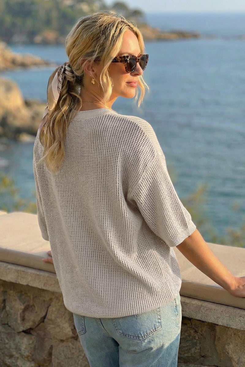 Arach&Cloz 2026 Women's Cotton Spring Summer Crochet Tops Crew Neck 3/4 Half Drop Short Sleeve Hollow Out Oversized Resort Wear Sweater Casual Vacation Outfits Fashion Trendy Shirts Grey S - Image 3