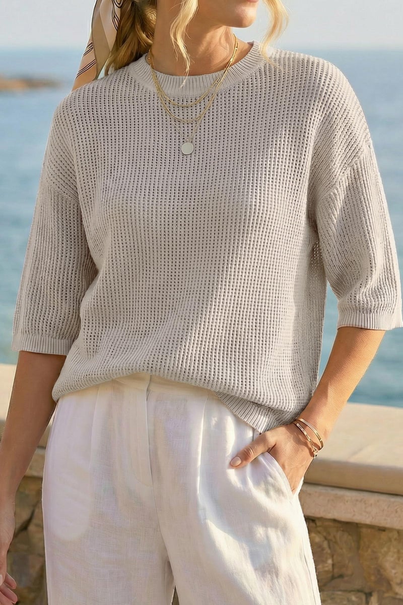Arach&Cloz 2026 Women's Cotton Spring Summer Crochet Tops Crew Neck 3/4 Half Drop Short Sleeve Hollow Out Oversized Resort Wear Sweater Casual Vacation Outfits Fashion Trendy Shirts Grey S - Image 2