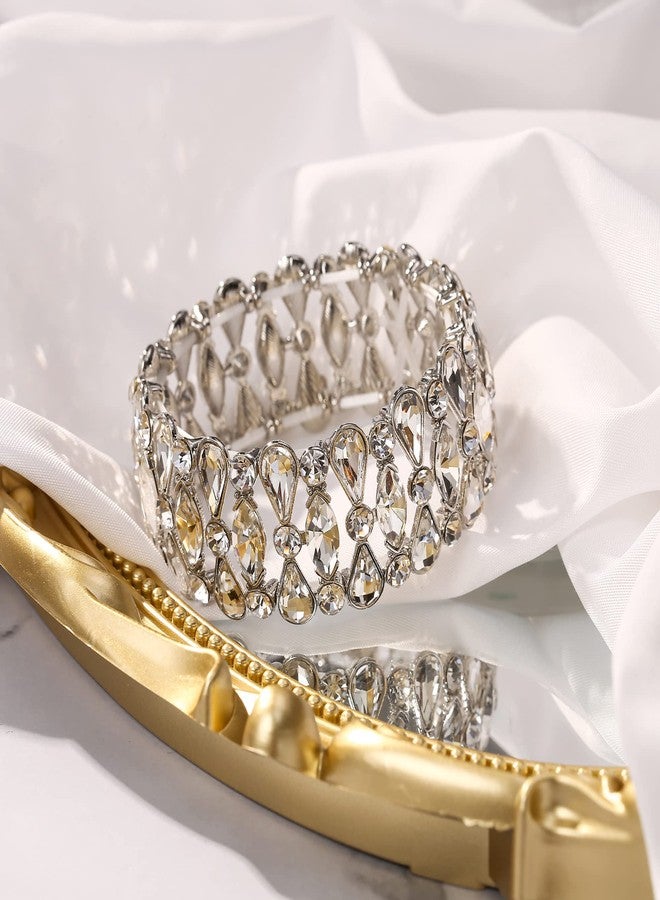 BriLove Wedding Bridal Teardrop Rhinestones Cluster Stretch Bangle Bracelet for Bride Clear Silver-Tone - Image 4