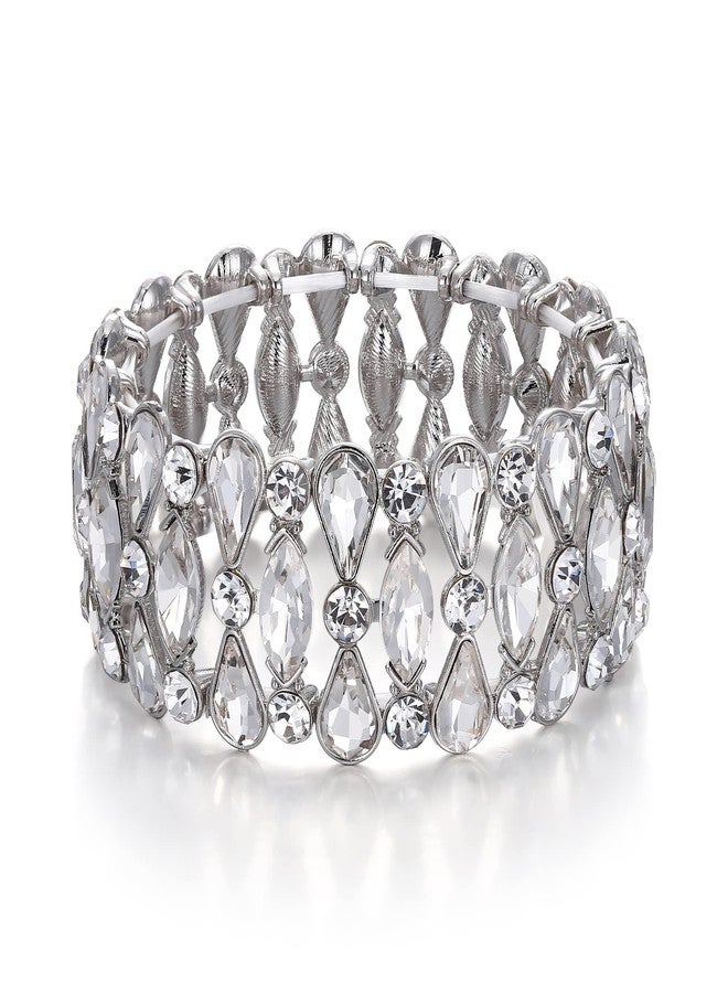 BriLove Wedding Bridal Teardrop Rhinestones Cluster Stretch Bangle Bracelet for Bride Clear Silver-Tone - Image 1
