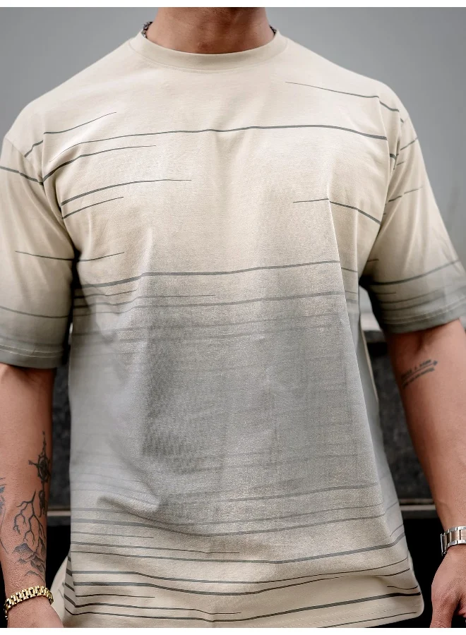 Maniac Mens Spray Print Round Neck 3/4th Sleeve Beige and Grey Cotton Oversized T-Shirt