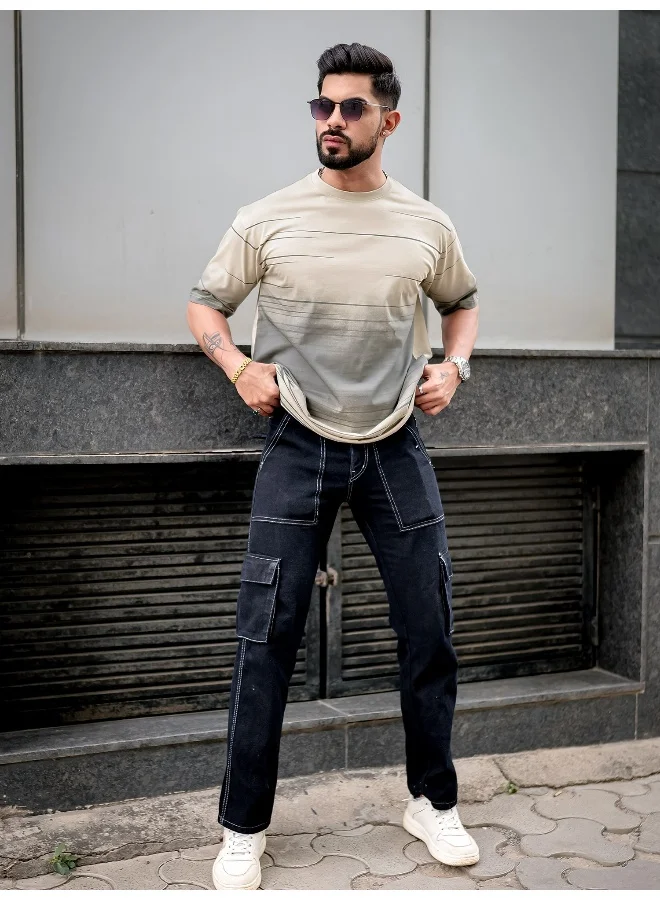 Maniac Mens Spray Print Round Neck 3/4th Sleeve Beige and Grey Cotton Oversized T-Shirt