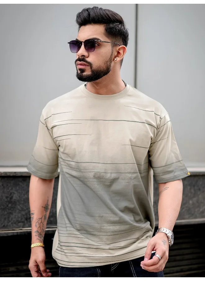 Maniac Mens Spray Print Round Neck 3/4th Sleeve Beige and Grey Cotton Oversized T-Shirt