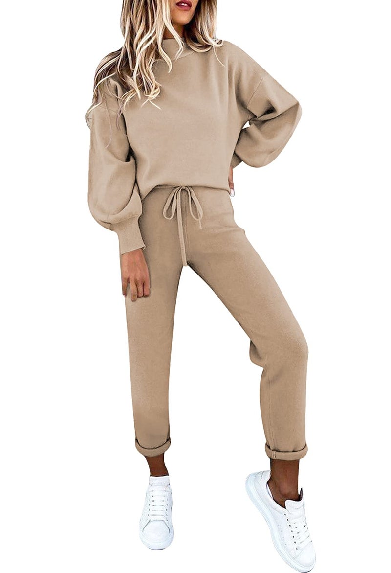 Fixmatti Women's 2 Piece Fall Outfits Long Sleeve Pullover Sweatshirt Jogger Pants Casual Sweatsuit Khaki S - Image 1