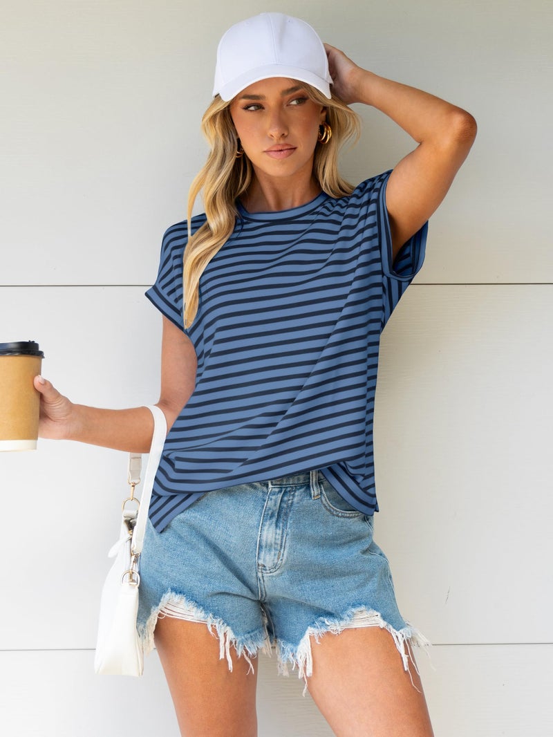 Glamaker Women Cap Sleeve Basic Tops Crewneck Striped Tee Shirts Summer Short Sleeve T-Shirt Casual Fashion Clothes 2026(Medium,Navy Blue Striped) - Image 2