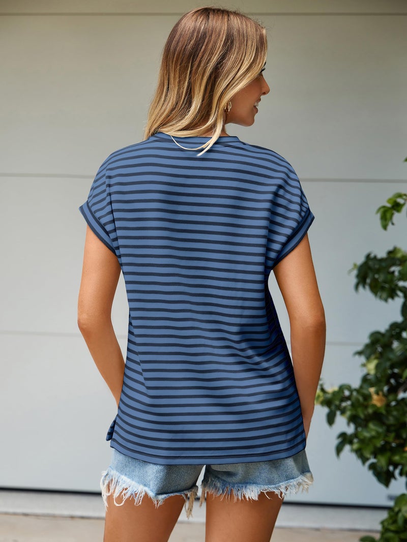 Glamaker Women Cap Sleeve Basic Tops Crewneck Striped Tee Shirts Summer Short Sleeve T-Shirt Casual Fashion Clothes 2026(Medium,Navy Blue Striped) - Image 3