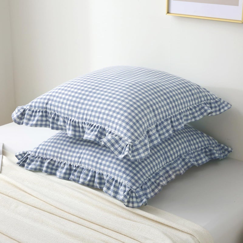K MASANIJI 2PACK Dusty Blue White Plaid Gingham Euro Pillow Shams, 100% Washed Cotton Checkered French Country Rustic Ruffle Bed Pillow Covers - 26''x26'' - Image 2