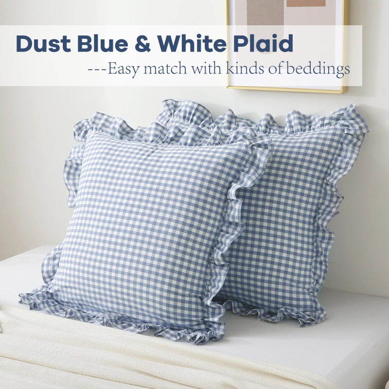 K MASANIJI 2PACK Dusty Blue White Plaid Gingham Euro Pillow Shams, 100% Washed Cotton Checkered French Country Rustic Ruffle Bed Pillow Covers - 26''x26'' - Image 3