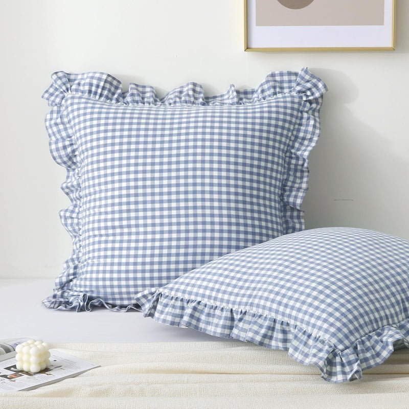 K MASANIJI 2PACK Dusty Blue White Plaid Gingham Euro Pillow Shams, 100% Washed Cotton Checkered French Country Rustic Ruffle Bed Pillow Covers - 26''x26'' - Image 1