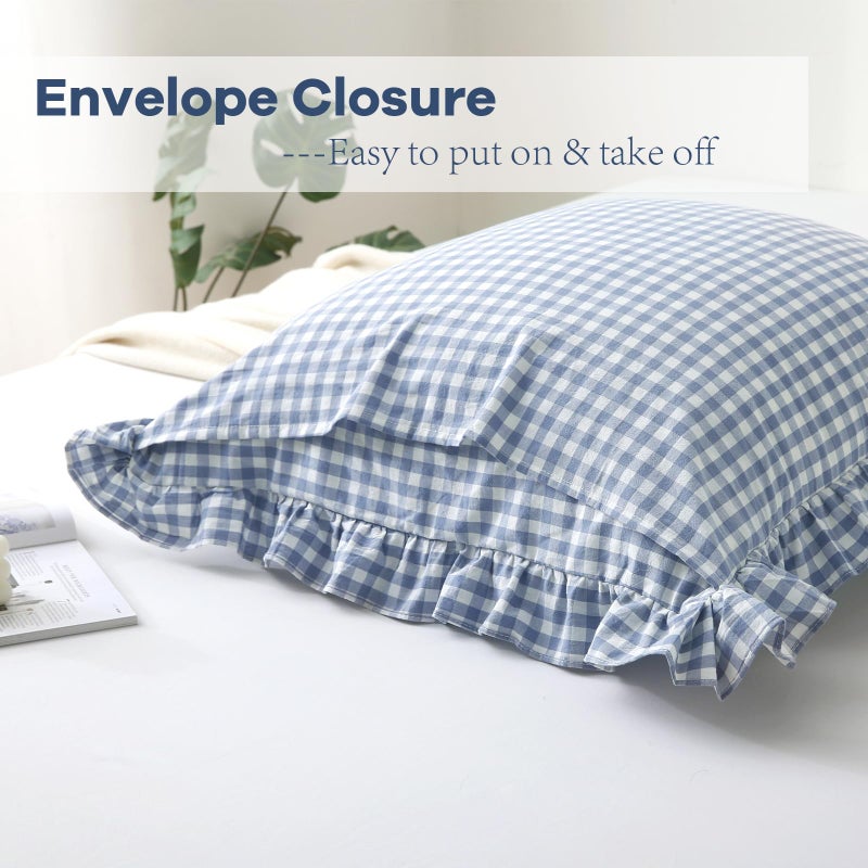K MASANIJI 2PACK Dusty Blue White Plaid Gingham Euro Pillow Shams, 100% Washed Cotton Checkered French Country Rustic Ruffle Bed Pillow Covers - 26''x26'' - Image 4