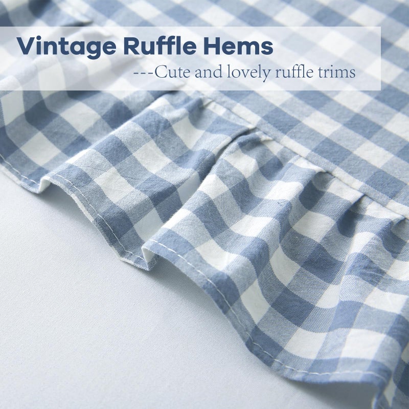 K MASANIJI 2PACK Dusty Blue White Plaid Gingham Euro Pillow Shams, 100% Washed Cotton Checkered French Country Rustic Ruffle Bed Pillow Covers - 26''x26'' - Image 5
