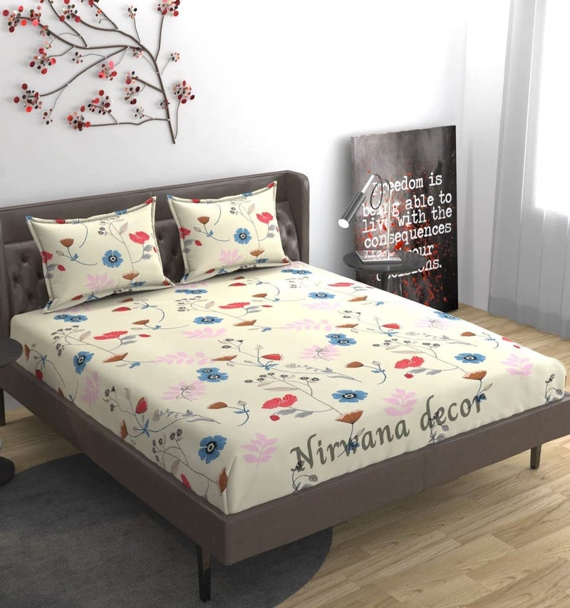 Nirwana decor Fitzy 280 TC Fitted bedsheet King Size, Elastic bedsheet, 72x78 inches + 10 inches Drop, with 2 Pillow Covers (Twill-red-Flower, 72x78) - Image 1