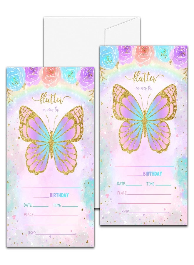 Levitatinyear Butterfly Birthday Party Invitation, Floral Butterfly Themed FillIn Invites, 20 Gold Foil Invitations With Envelopes for Teens Boys & Girls (4 X 6), Kids Rainbow Party Favors Decorations and - Image 2