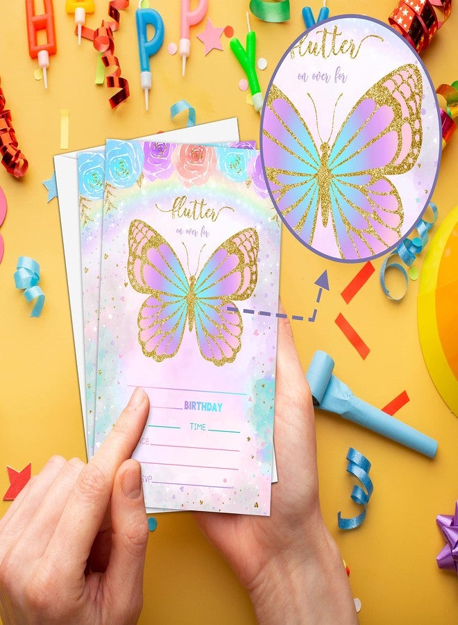Levitatinyear Butterfly Birthday Party Invitation, Floral Butterfly Themed FillIn Invites, 20 Gold Foil Invitations With Envelopes for Teens Boys & Girls (4 X 6), Kids Rainbow Party Favors Decorations and - Image 3