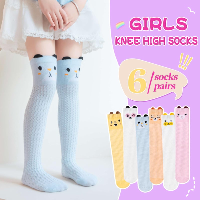 Eocom Girls Knee High Socks Kids Crazy Fun Gift Silly Tall Boot Cute Animal Cotton Long Socks 6 Pairs(Solid Cartoon, 3-12 Years) - Image 2