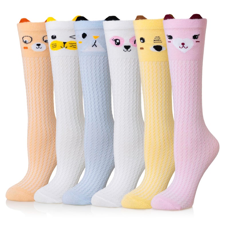 Eocom Girls Knee High Socks Kids Crazy Fun Gift Silly Tall Boot Cute Animal Cotton Long Socks 6 Pairs(Solid Cartoon, 3-12 Years) - Image 1