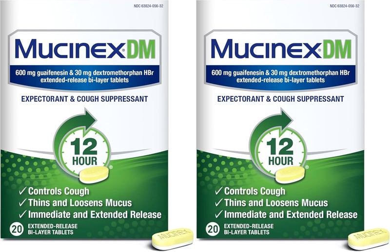 MUCINEX أقراص مثبط السعال وطارد البلغم DM 12 ساعة تخفيف 20 حبة 600 ملغ جوايفينيسين 30 ملغ ديكستروميثورفان HBr يتحكم في السعال ويخفف المخاط الذي يسبب السعال صدر عبوة من 2 - Image 1