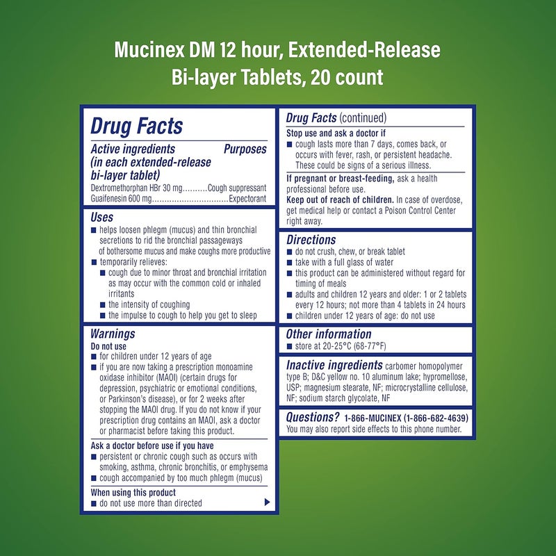 MUCINEX أقراص مثبط السعال وطارد البلغم DM 12 ساعة تخفيف 20 حبة 600 ملغ جوايفينيسين 30 ملغ ديكستروميثورفان HBr يتحكم في السعال ويخفف المخاط الذي يسبب السعال صدر عبوة من 2 - Image 2