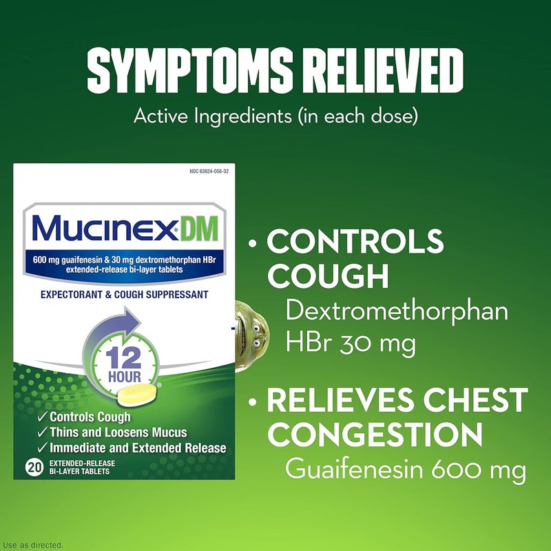 MUCINEX أقراص مثبط السعال وطارد البلغم DM 12 ساعة تخفيف 20 حبة 600 ملغ جوايفينيسين 30 ملغ ديكستروميثورفان HBr يتحكم في السعال ويخفف المخاط الذي يسبب السعال صدر عبوة من 2 - Image 4