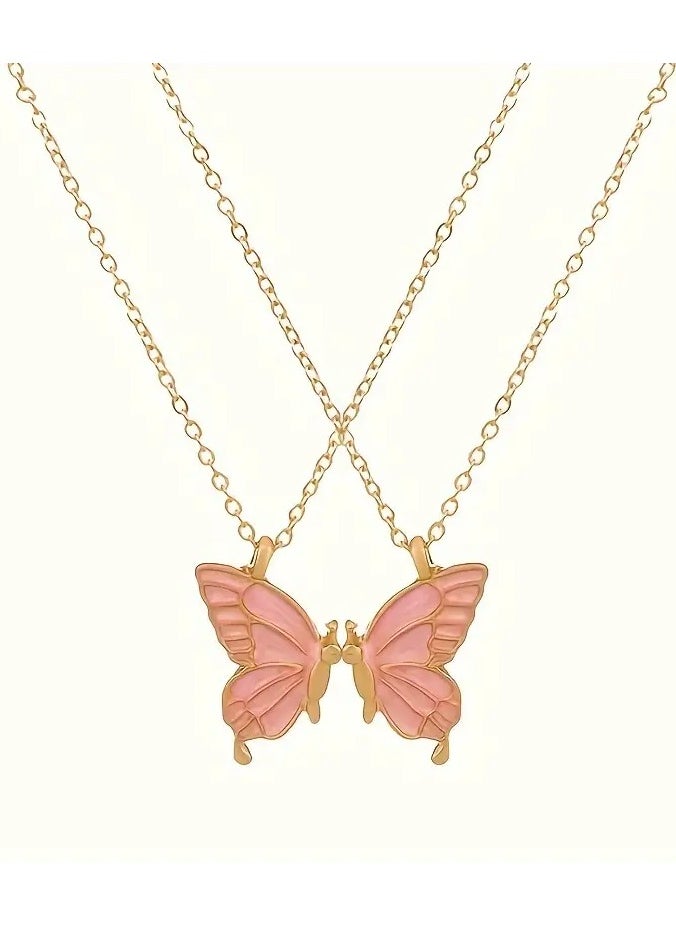 Goolsky 2pc Pink Color Butterfly Pendant Necklace Adjustable Zinc Alloy Neck Chain Jewelry For Couples  - Image 1