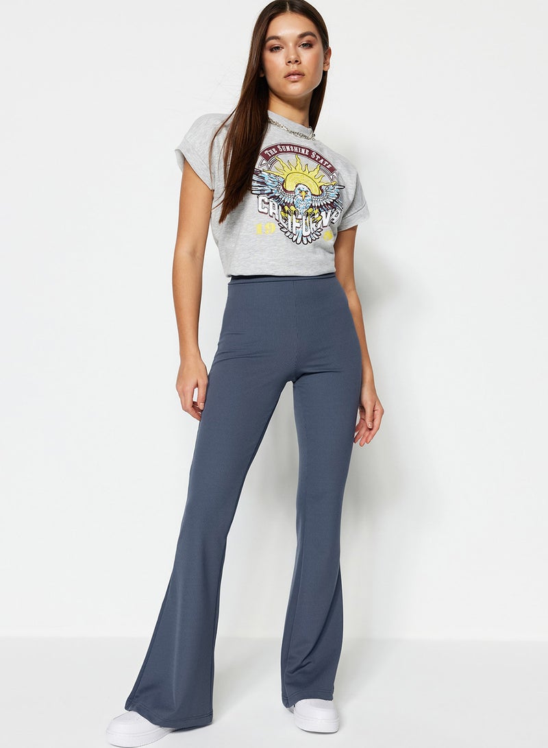 trendyol Anthracite Ribbed Flare / Flare Leg High Waist Stretchy Knitted Leggings Trousers TWOSS23PL00135 - Image 1