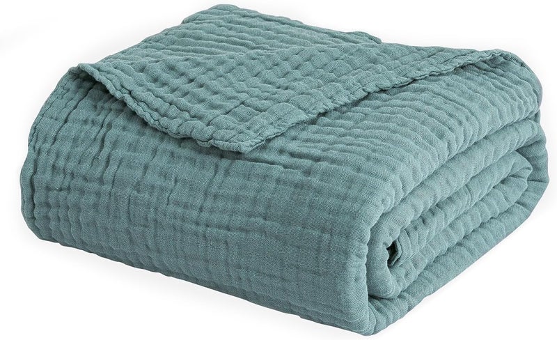 EMME Muslin Blanket Adult 100% Cotton, 130 x 150 cm Teal Summer Throw Blankets for Couch, Breathable Gauze Blanket All Seasons, Soft and Easily Pre-Washed Cotton Blanket - Image 5