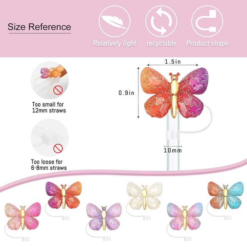 SEMATA 6PCS Cute Butterfly Straw Cover Cap for Stanley Cup Accessories,Glitter Straw Toppers for Stanley Tumbler 40&30 oz,Reusable Straws Tips Protectors Compatible with 10mm Straws - Image 2