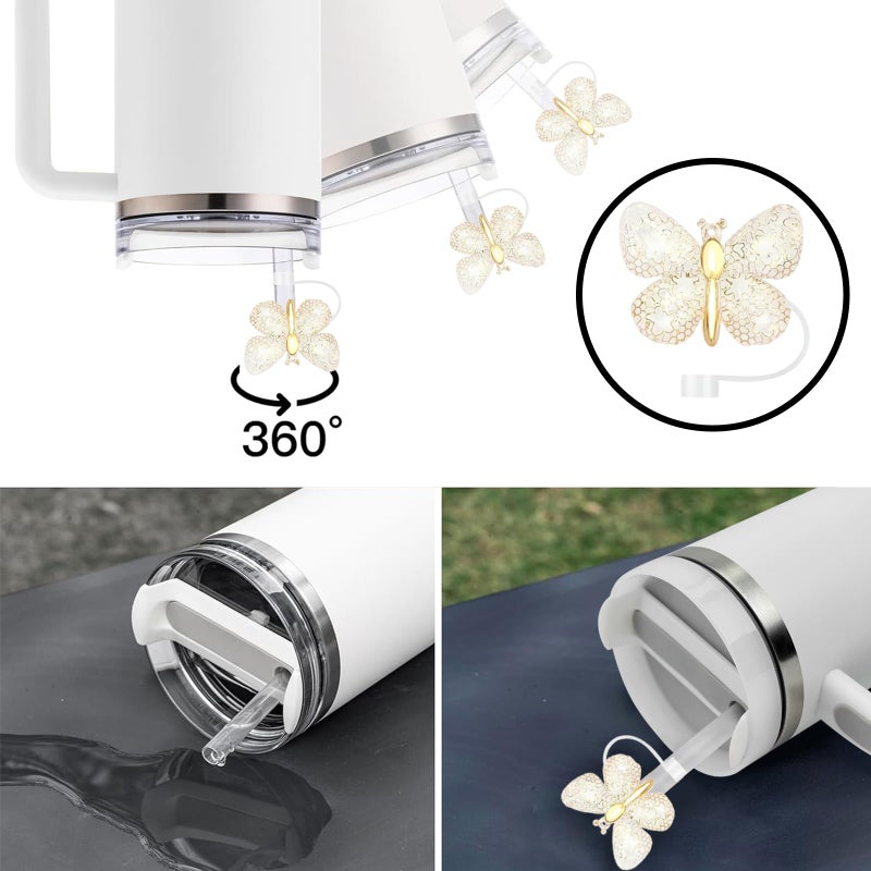 SEMATA 6PCS Cute Butterfly Straw Cover Cap for Stanley Cup Accessories,Glitter Straw Toppers for Stanley Tumbler 40&30 oz,Reusable Straws Tips Protectors Compatible with 10mm Straws - Image 3