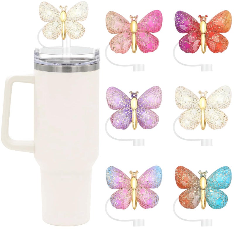 SEMATA 6PCS Cute Butterfly Straw Cover Cap for Stanley Cup Accessories,Glitter Straw Toppers for Stanley Tumbler 40&30 oz,Reusable Straws Tips Protectors Compatible with 10mm Straws - Image 1