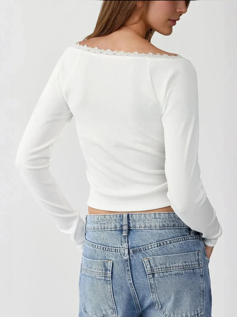 HICCUP Slim Fit Lace Detail Long Sleeve Top