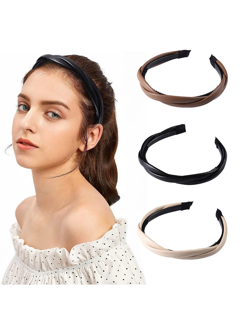 AEGYPIUS AEGYPIUS Leather Headbands for Women 3 Pcs Leather Headband Black Brown and White Faux Leather Headband Set Braided Headband Fashion Leather Knotted Headband Braided Headbands for Women 