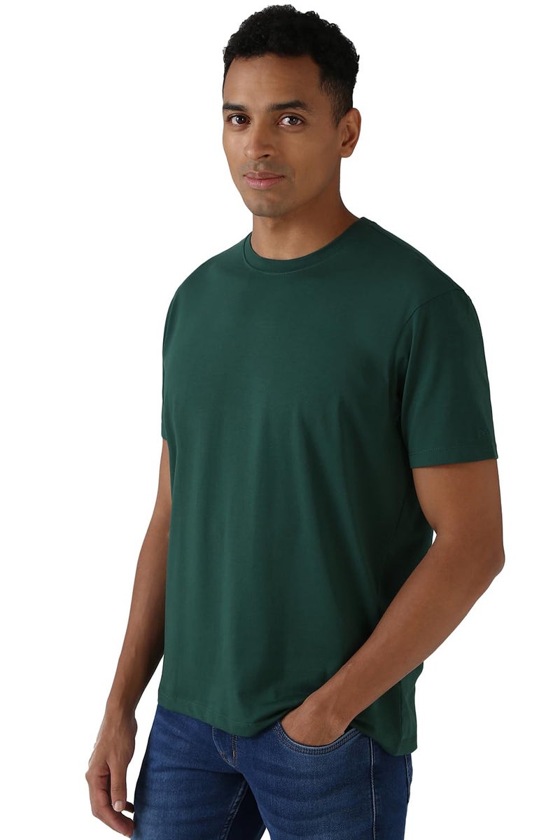 Peter England Men Green Solid Round Crew Neck Round Neck T-Shirts - Image 2