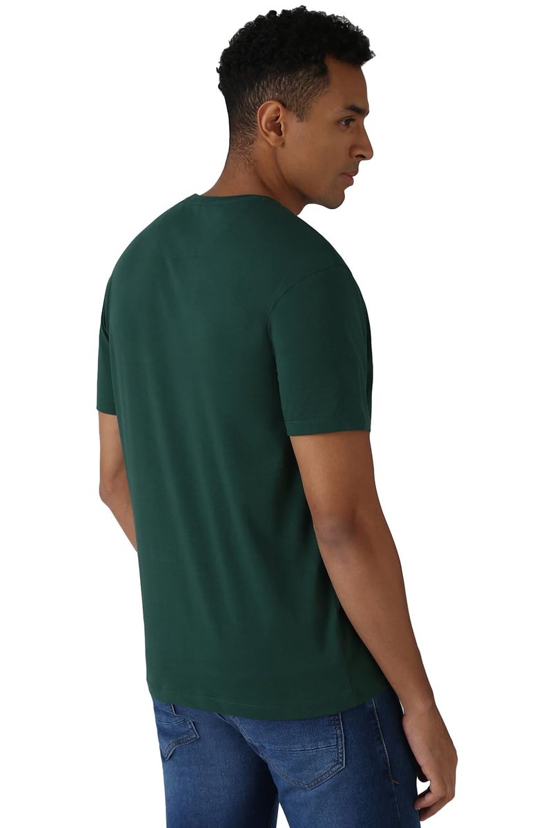 Peter England Men Green Solid Round Crew Neck Round Neck T-Shirts - Image 3