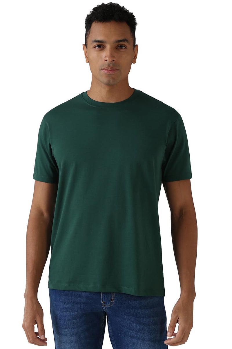 Peter England Men Green Solid Round Crew Neck Round Neck T-Shirts - Image 1