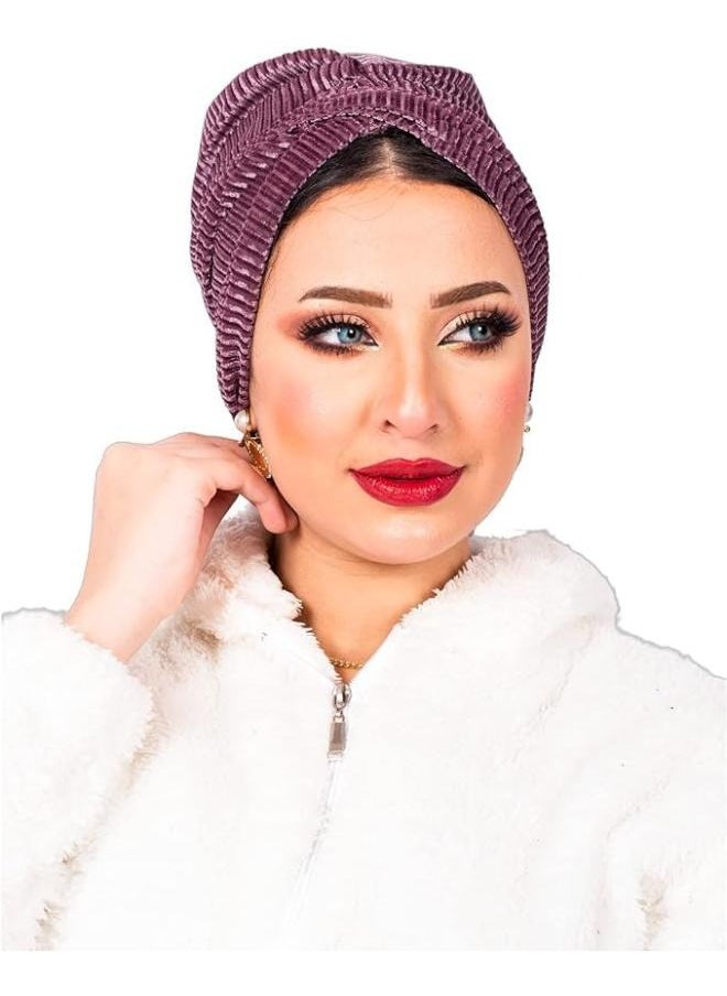 Generic - Women's Turban Winter Velvet Ribbed Turban Women's Turban with Tie for Wearing in Different Ways Women's Turban Women's Head Coverings, Lavender - Image 1