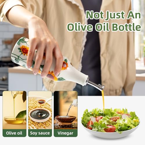 XRBEOU Sunflower Olive Oil Dispenser Bottle, 18 Oz Ceramic Oil and Vinegar Container for Kitchen with Stainless Steel Spout, Cooking Holder Cruet for Vinegar, Coffee Syrups, Sunflower Kitchen Decor - Image 3