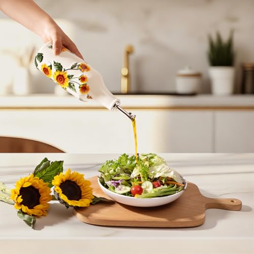 XRBEOU Sunflower Olive Oil Dispenser Bottle, 18 Oz Ceramic Oil and Vinegar Container for Kitchen with Stainless Steel Spout, Cooking Holder Cruet for Vinegar, Coffee Syrups, Sunflower Kitchen Decor - Image 5