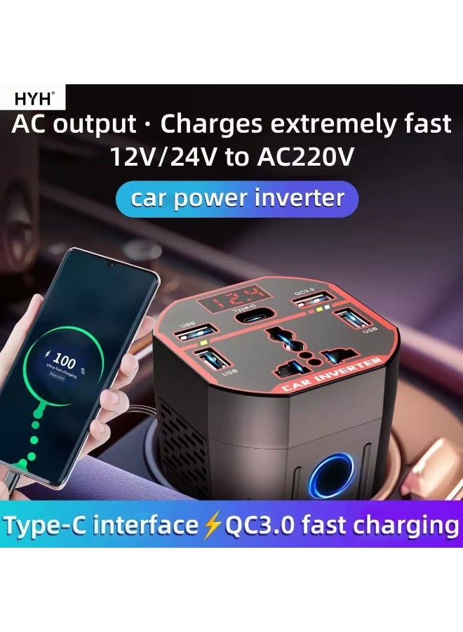 HYH 200W Car Power Inverter, DC 12V/24V to AC 220V Converter with 3 USB, 1 Type-C, 1 QC3.0 Port, LCD Display & Cigarette Lighter Socket for Cars & Trucks - Image 1