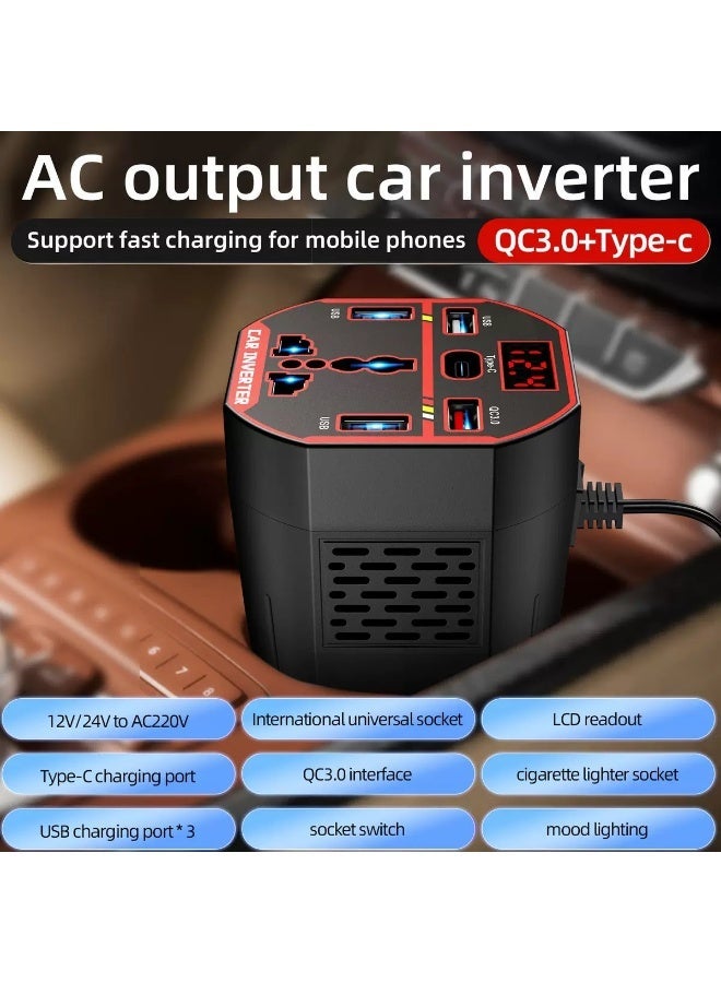 HYH 200W Car Power Inverter, DC 12V/24V to AC 220V Converter with 3 USB, 1 Type-C, 1 QC3.0 Port, LCD Display & Cigarette Lighter Socket for Cars & Trucks - Image 2