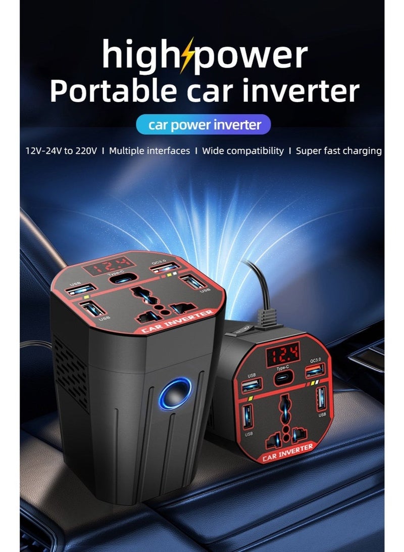 HYH 200W Car Power Inverter, DC 12V/24V to AC 220V Converter with 3 USB, 1 Type-C, 1 QC3.0 Port, LCD Display & Cigarette Lighter Socket for Cars & Trucks - Image 3