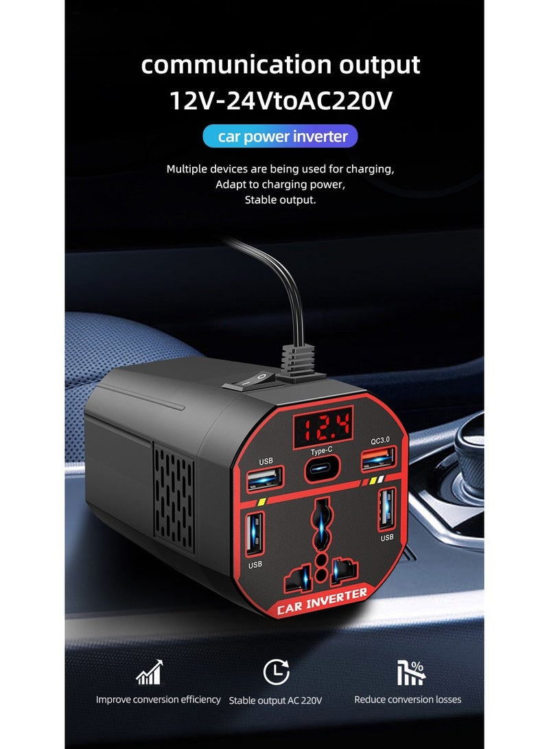 HYH 200W Car Power Inverter, DC 12V/24V to AC 220V Converter with 3 USB, 1 Type-C, 1 QC3.0 Port, LCD Display & Cigarette Lighter Socket for Cars & Trucks - Image 4