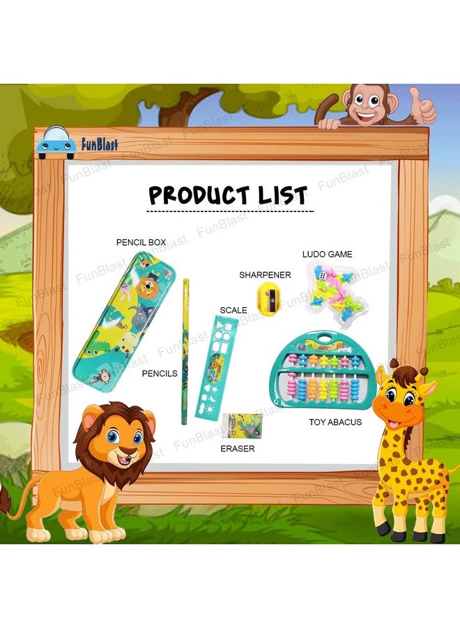 FunBlast Kawaii Stationery Set For Kids-Stationery Return Gifts For Kids|Student Stationery Set Pencil Box|Ruler|Eraser|Sharpener With Ludo And Toy Abacus|Birthday Gifts (Animals)|Multicolor - Image 2