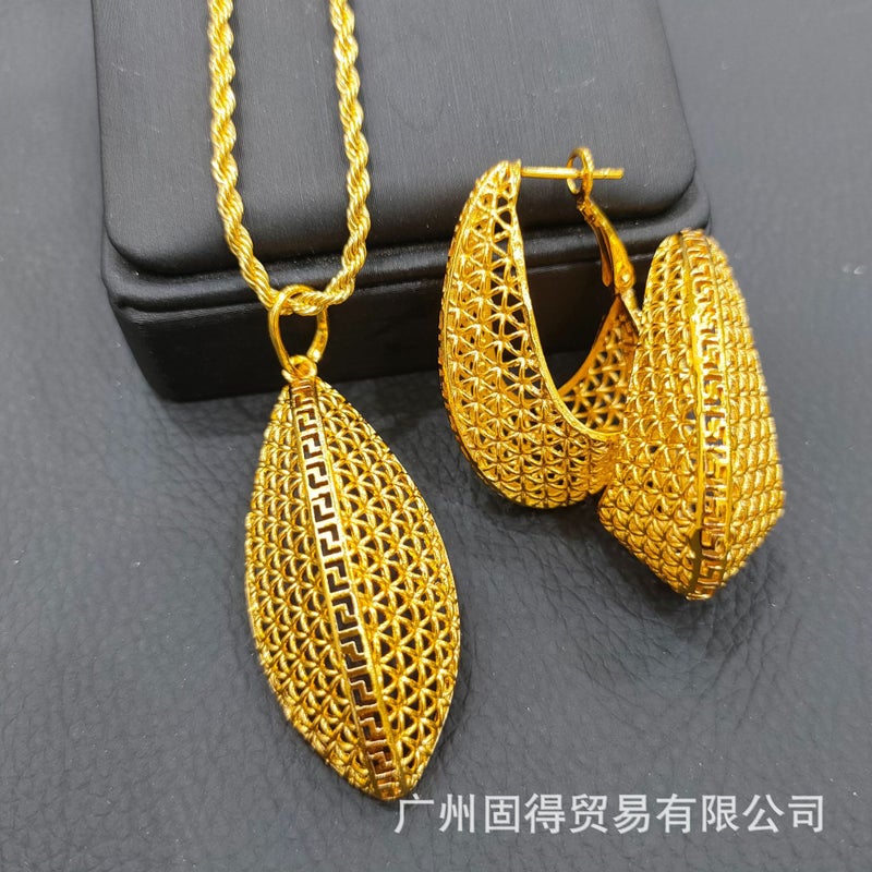 Plated Brass Pendant Earrings Necklace Jewelry Set for Women - Dubai Style