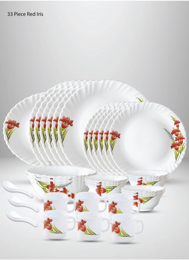 British Chef 33 Pieces Opalware Dinner Set | Microwave & Dishwasher Safe | Red Iris Dinnerware set with 6-Piece Dinner Plate, 6-Piece Side Plate, 1- Piece Rice Plates, 2-Piece Serving Bowl, 6-Piece Soup Bowl, 6-Piece Mug, 6-Piece Spoons-White  - Image 1