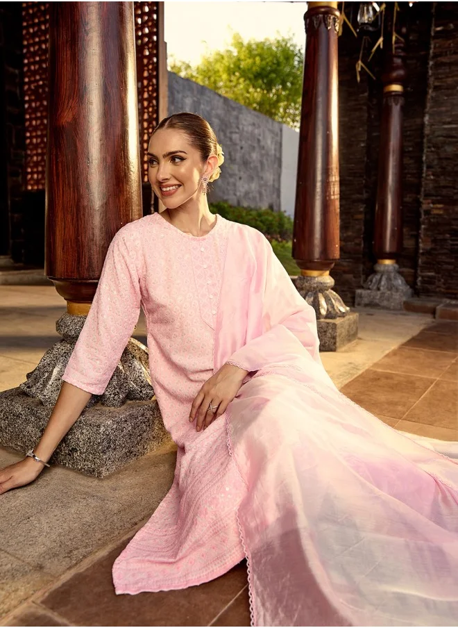 آي شين Straight Fit Embroidered Pattern Round Neck Three-Quarter Sleeves Pink Colour Woven Cotton Kurta Set for Women with Semi Elastic Closure - Perfect for your Festive Celebrations