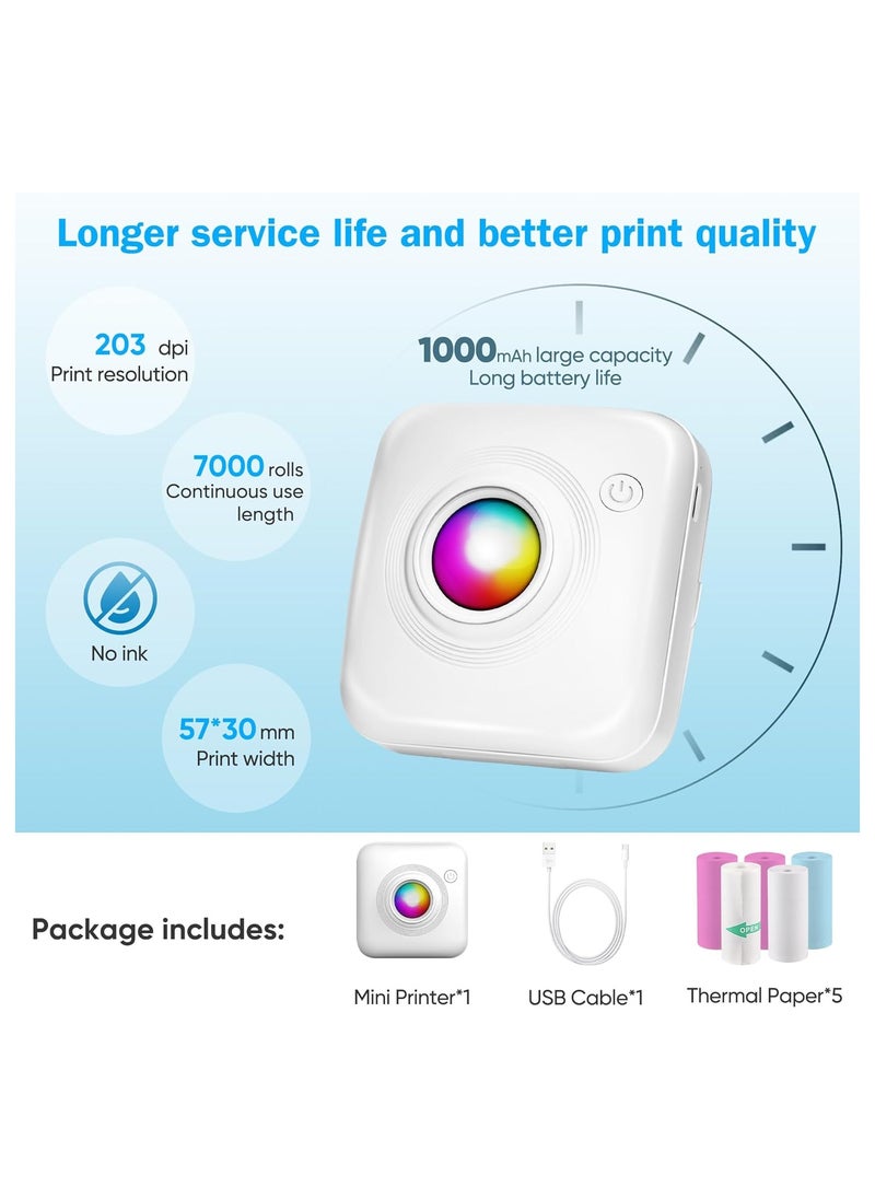 Generic - Bluetooth Instant Inkless Mini Portable Pocket  Thermal Printer  with 5 Roll Papers for Journal/DIY Scrapbook/Travel/Notes/Lists/Label/Memo, Receipt Printer for iOS&Android - Image 1