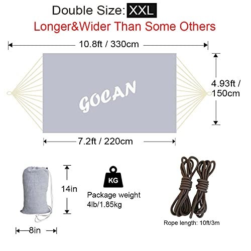 GOCAN Brazilian Double Hammock 2 Person Extra Large 330X150cm Load Capacity 600Pound Canvas Cotton Hammock for Patio Porch Garden Backyard Lounging Outdoor and Indoor XXL(Grey) - Image 3