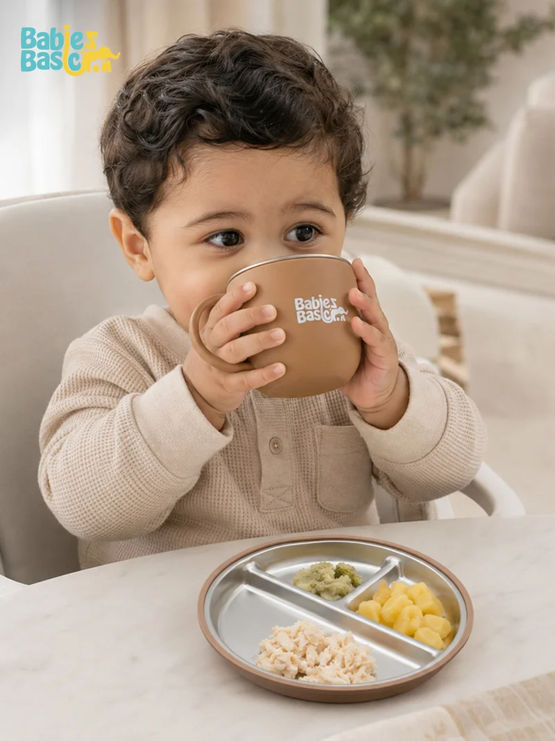 Babies Basic Babies Basic Stainless Steel Plate, Bowl, and Cup with Silicone Sleeve for Kids, Brown
