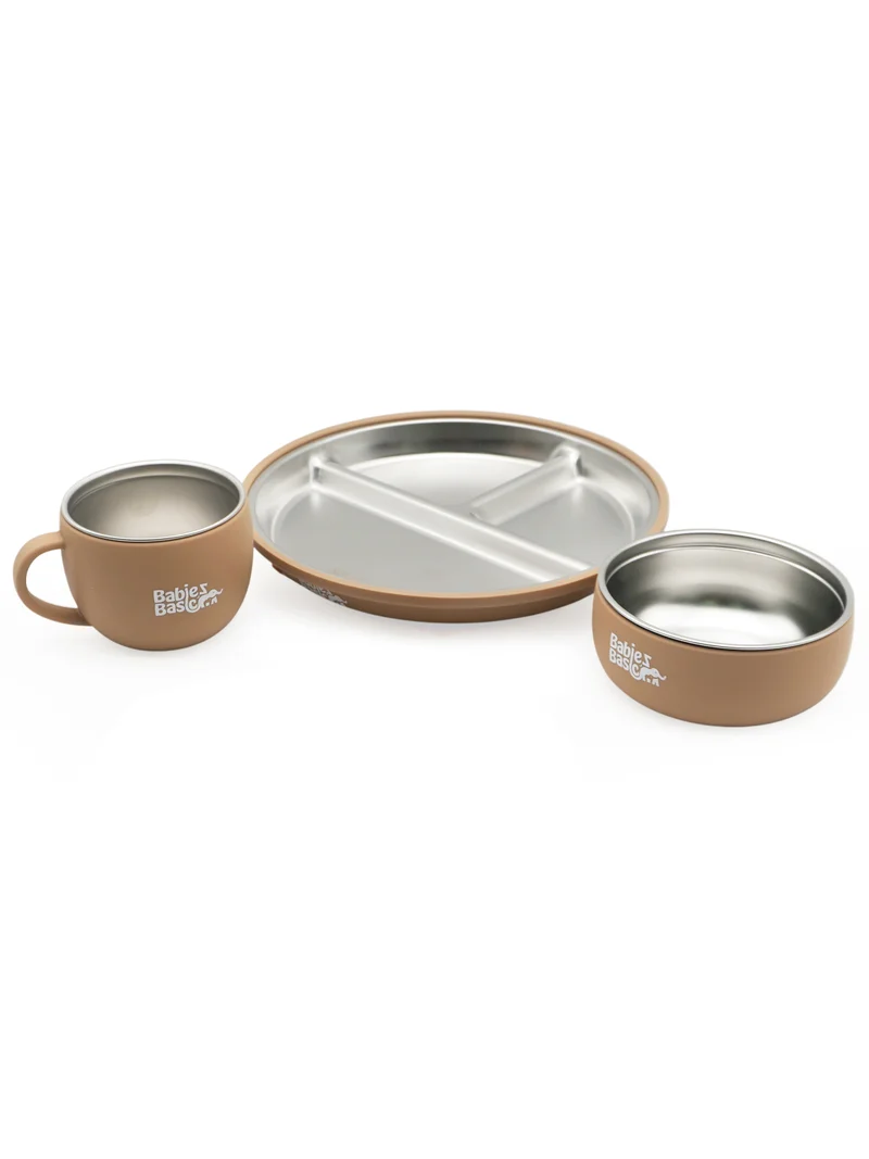 Babies Basic Babies Basic Stainless Steel Plate, Bowl, and Cup with Silicone Sleeve for Kids, Brown